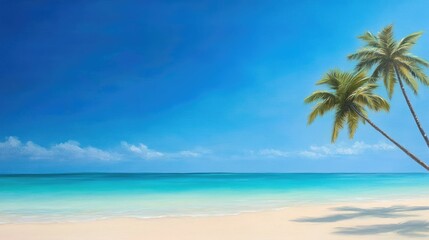 Serene Tropical Beach with Crystal Clear Water and Lush Palm Trees Under a Bright Blue Sky Perfect for Relaxation and Vacation Imagery