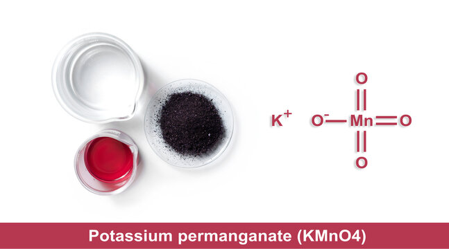 Potassium permanganate (KMnO4) with chemical structure, a common chemical compound that combines manganese oxide ore with potassium hydroxide.