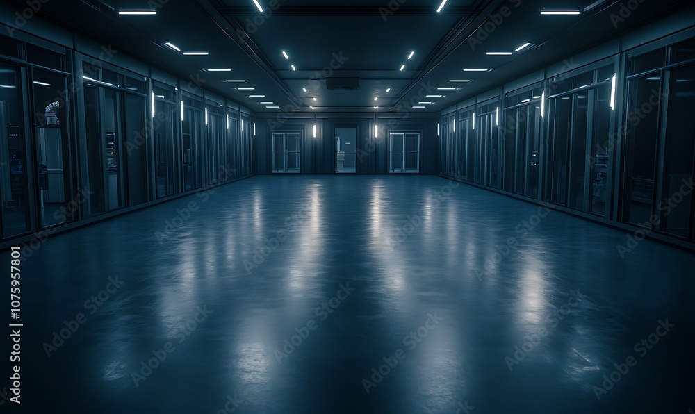 Aufkleber a dimly lit corridor with rows of glass rooms, creating a mysterious and futuristic atmosphere.