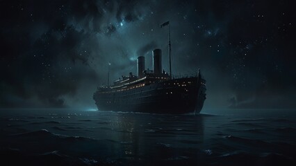 Obraz premium A haunting vintage ship with worn, intricate detailing navigates through a dark