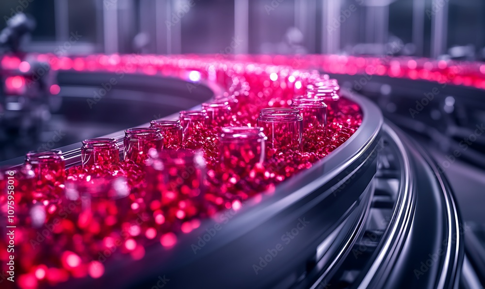 Poster a close-up view of a conveyor belt with vibrant red beads, showcasing a dynamic and colorful industr