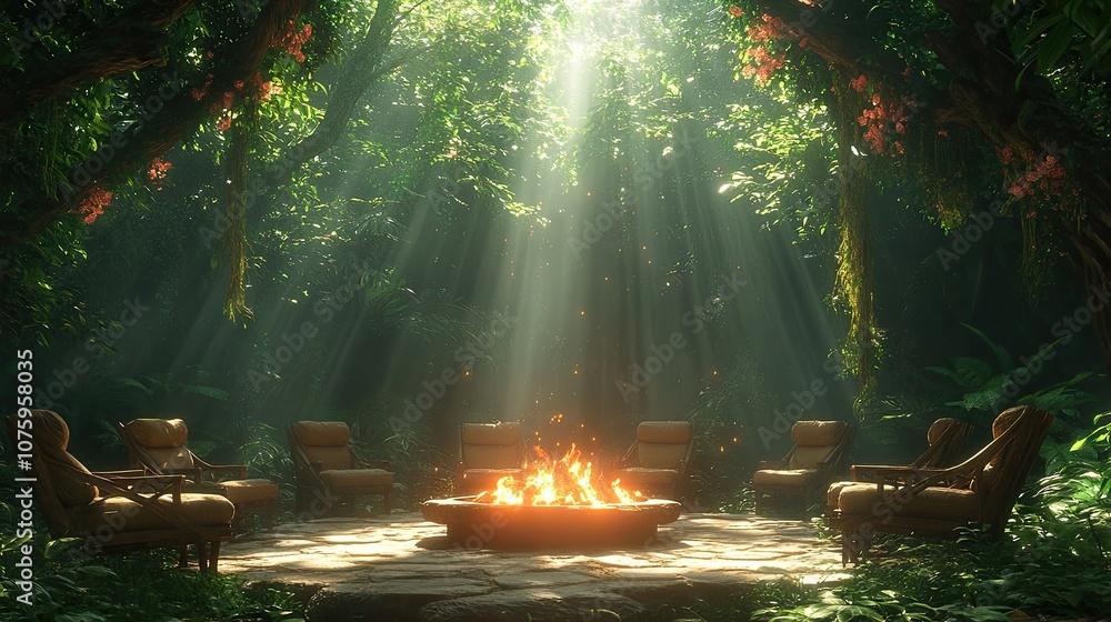 Poster a magical jungle setting with a fire pit. this photo can be used for websites or projects related to