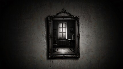 Fototapeta premium a pensil sketch of a old big mirror hanging on wall in dark room