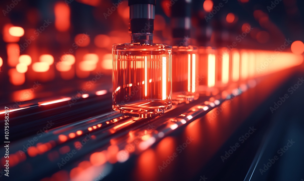 Aufkleber a close-up view of illuminated glass bottles on a production line, showcasing a vibrant red glow tha