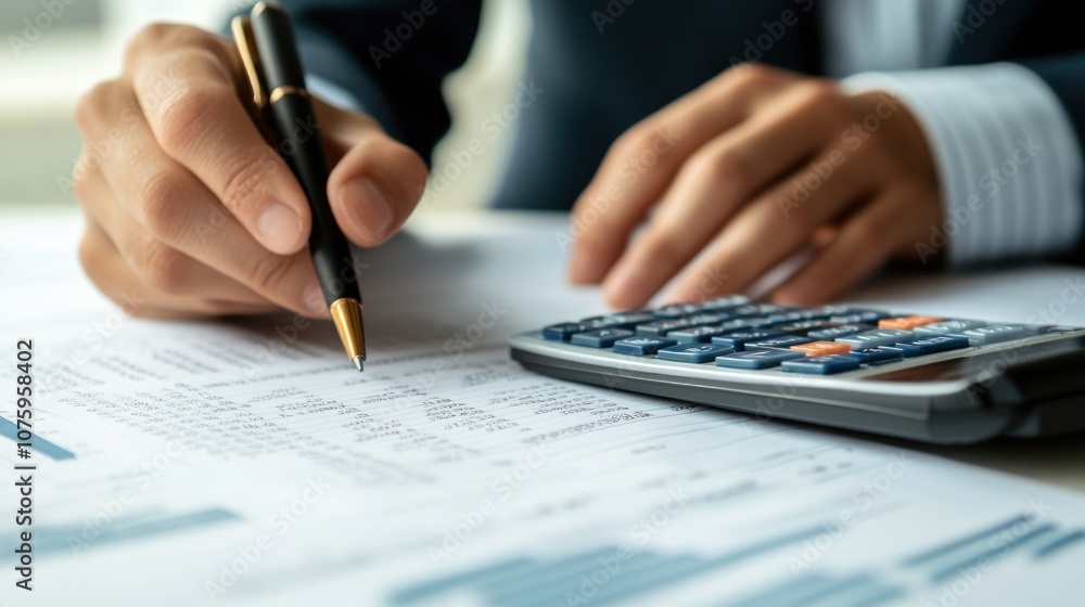 Poster Close-up of a Person Calculating with a Calculator