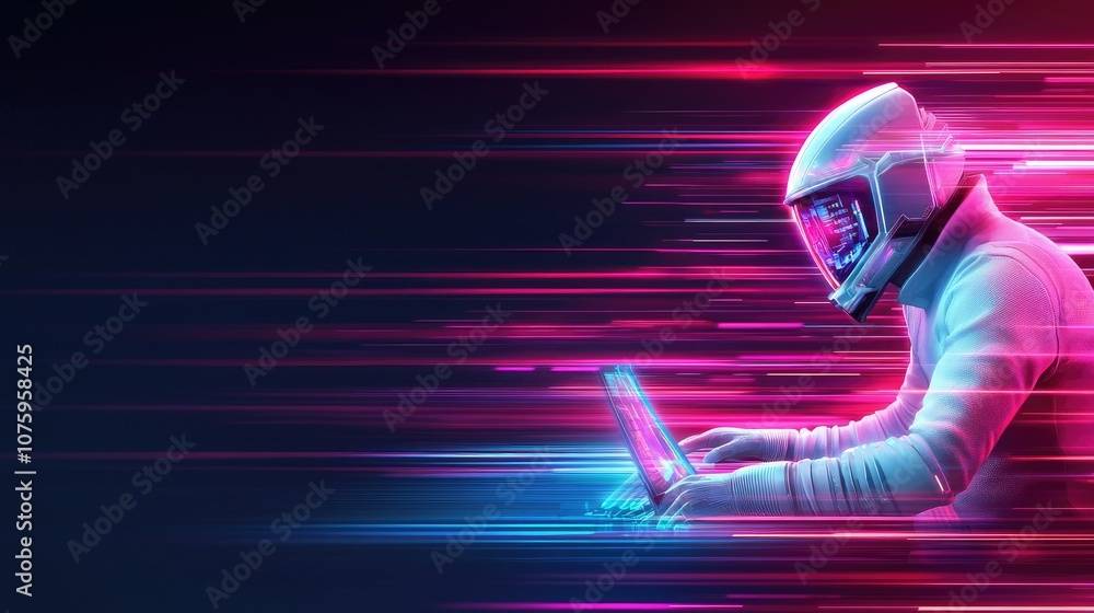 Poster futuristic astronaut using laptop in high-speed digital environment with neon lights and motion blur