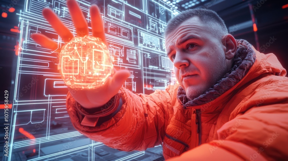 Poster futuristic technology concept featuring young man interacting with holographic display in high-tech 
