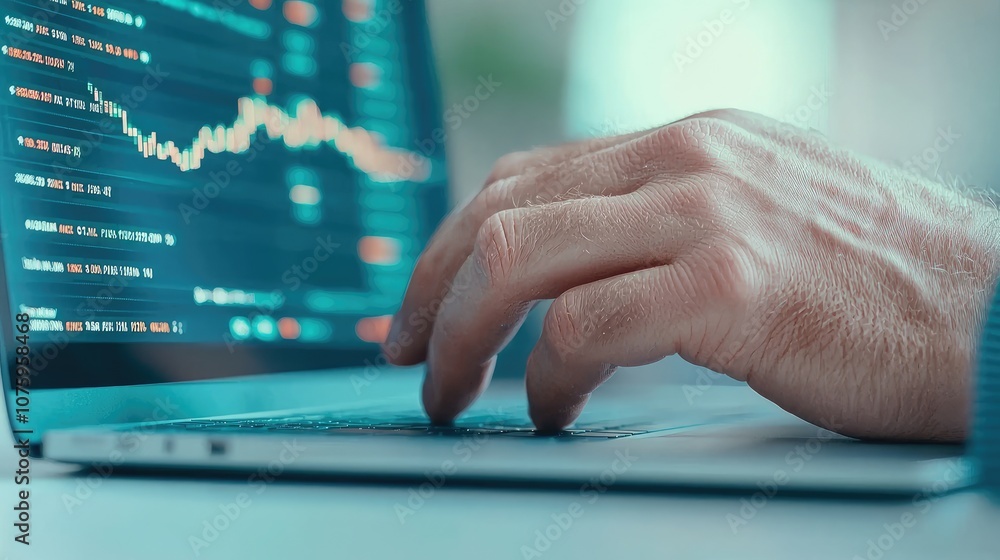 Poster close-up of a person's hand on a laptop keyboard analyzing data with stock market graphs and numbers