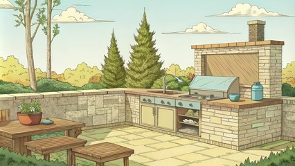 Outdoor Brick Kitchen with Grill and Seating