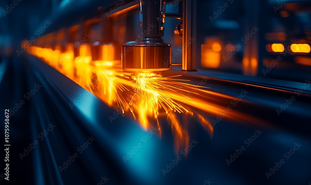Poster a close-up view of a metalworking process with sparks flying, showcasing machinery in a dark, indust