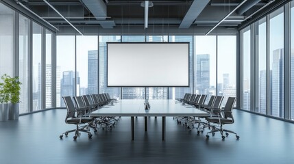 Modern Conference Room with Large Screen and City View, Bright and Spacious Interior Design, Ideal for Meetings and Corporate Events in a High-Rise Building
