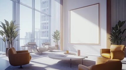 Fototapeta premium Modern minimalist interior design of a bright and spacious lounge area featuring contemporary furniture and large windows with city views in a corporate setting