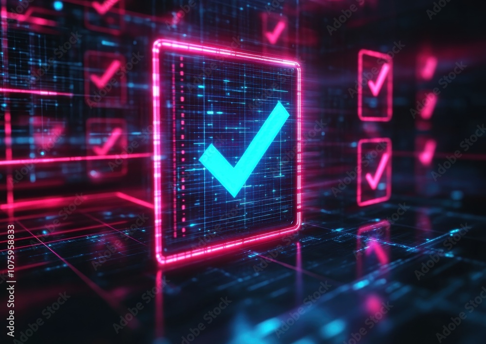 Poster a futuristic digital interface with glowing checkmarks, symbolizing verification and successful comp