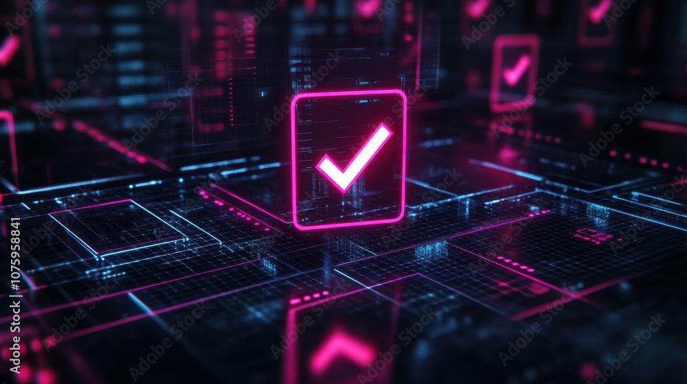 Poster a futuristic digital interface featuring a glowing checkmark symbol amidst a vibrant network of inte
