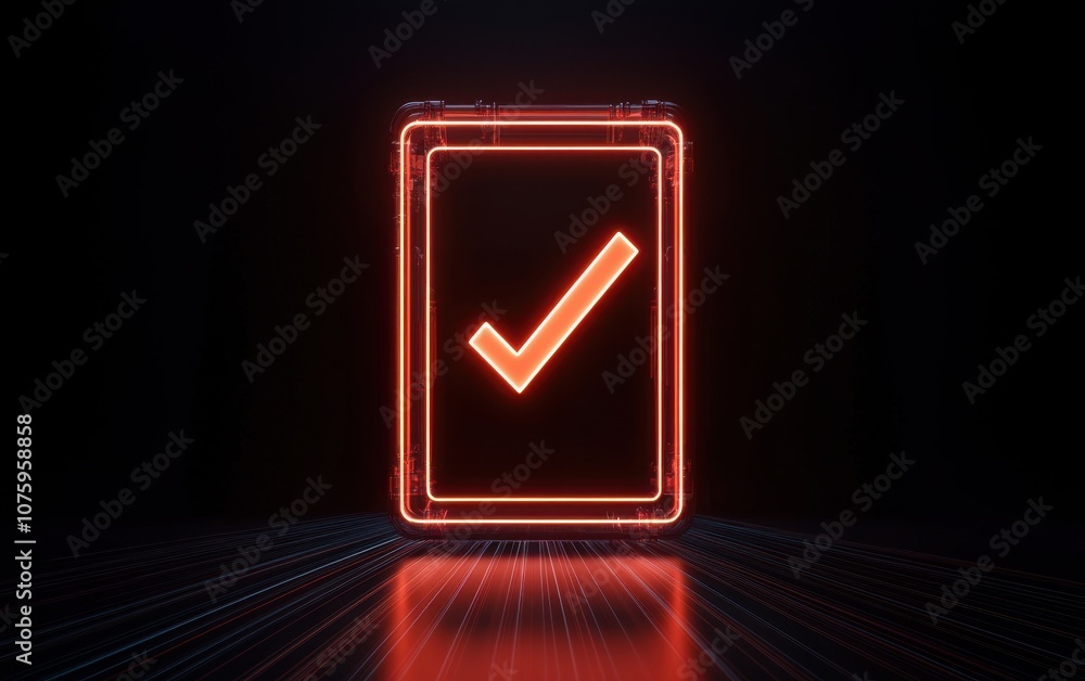 Poster a glowing red checkmark inside a rectangular frame against a dark background, symbolizing completion