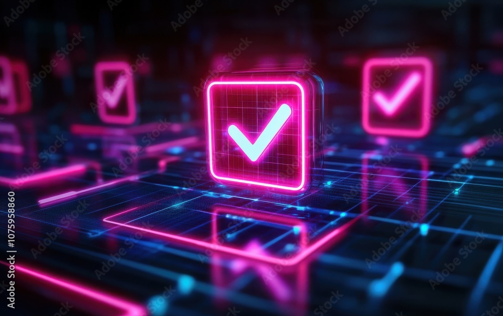 Poster a vibrant, digital interface featuring glowing check marks in a futuristic grid design, symbolizing 