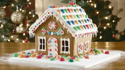 A gingerbread house decorated with colorful candies and icing, placed on a festive table with a Christmas tree softly glowing in the background. Snow-like powdered sugar is sprinkled over 