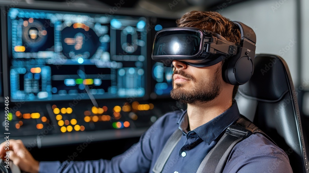 Poster realistic simulation experience: a focused individual wearing vr goggles while engaged in advanced c