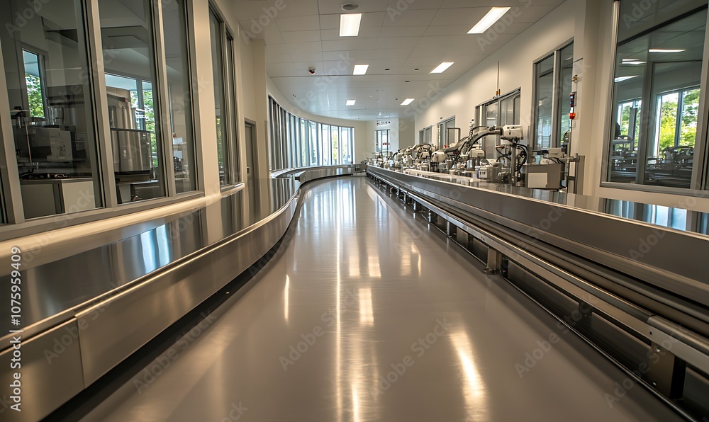 Poster a modern, spacious hallway with smooth flooring, large windows, and metallic surfaces, creating a sl