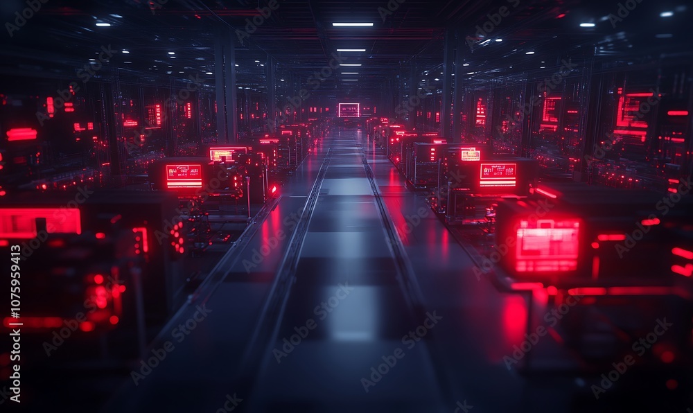 Poster a futuristic data center illuminated by red lights, featuring numerous glowing screens and a long, e