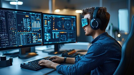 Young professional wearing high-tech VR headset and headphones, engaged in advanced data analysis in a futuristic workspace with multiple computer screens displaying complex information