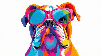 Fototapeta premium Cartoon colorful dog with sunglasses on white background. Bulldog. Created with generative ai