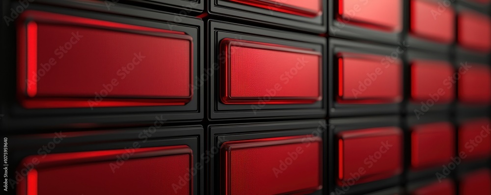 Poster a close-up of a red and black textured wall featuring rectangular blocks, creating an intriguing pat