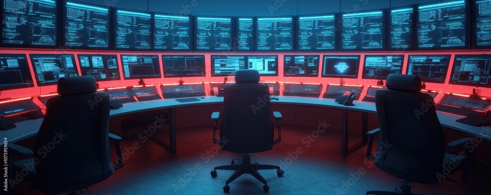 Poster a futuristic control room with multiple screens displaying data, illuminated by blue and red lights,