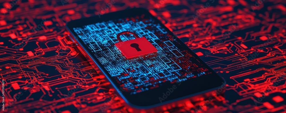 Poster a smartphone displays a red lock symbol on a digital background, symbolizing security and data prote