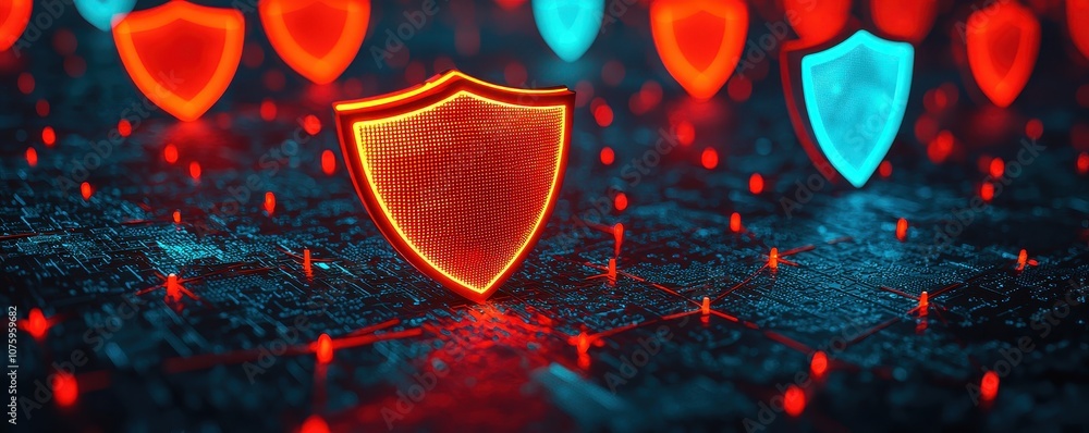 Poster a digital scene depicting glowing shields in red and blue, symbolizing cybersecurity and protection 