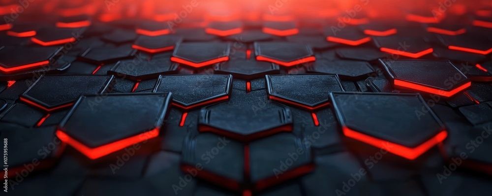 Poster a textured surface features hexagonal shapes illuminated by red light, creating a modern and futuris