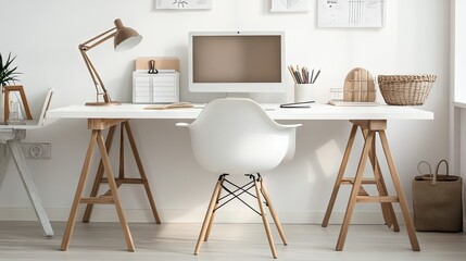 Modern Minimalist Home Office Setup Featuring a White Desk, Stylish Chair, Computer Monitor, and Stylish Decorative Elements