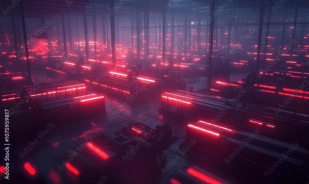 Poster a futuristic scene illuminated by red lights, showcasing rows of technology in a misty environment, 