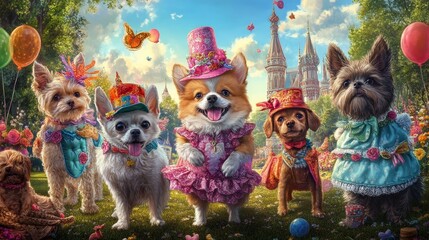 Celebrate Dress Your Pet Day with a delightful scene of furry friends dressed in adorable outfits, showcasing their unique personalities and styles in a vibrant and playful atmosphere. 