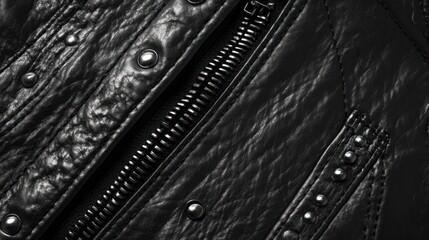 Close-up of a Black Leather Jacket with Zipper and Studs