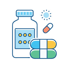Medicine bottle icon with pills, symbolizing pharmaceutical products and healthcare.