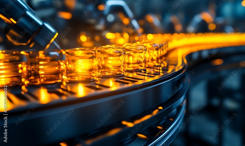 Poster a conveyor belt is filled with illuminated glass jars, showcasing a modern industrial production lin