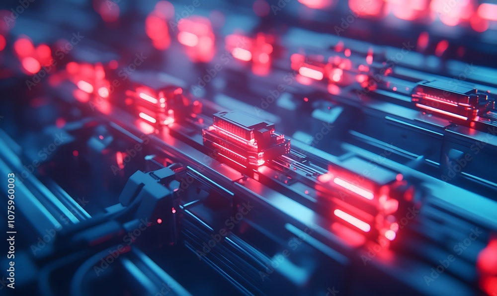 Poster A futuristic close-up of glowing red lights on a circuit board, highlighting intricate technology and digital design elements.