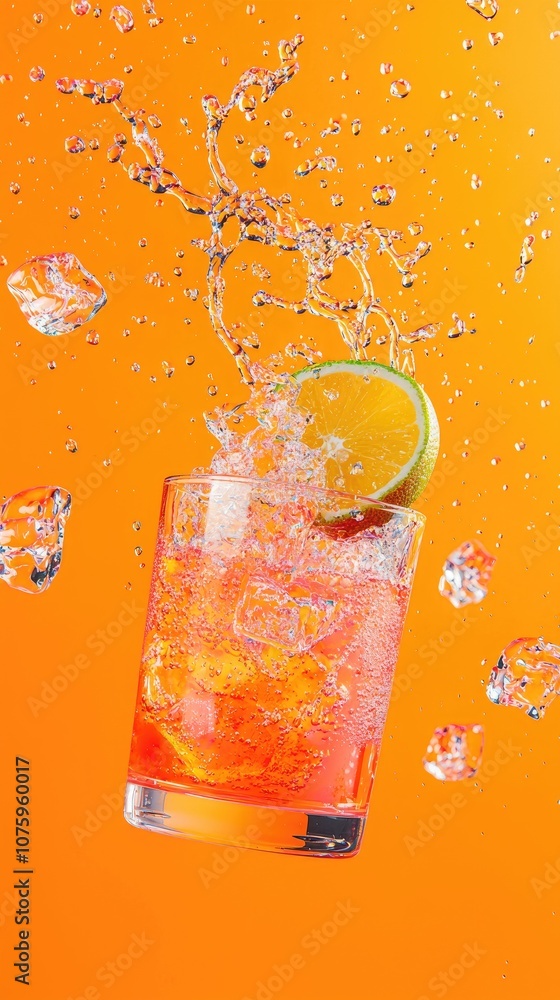 Poster refreshing citrus beverage splashing in glass with ice cubes and lemon slice under bright orange bac