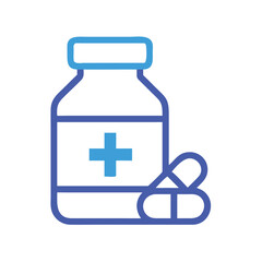 Medicine bottle icon with pills, symbolizing pharmaceutical products and healthcare.
