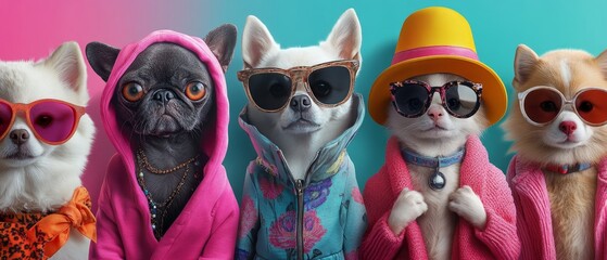 Fototapeta premium Celebrate Dress Your Pet Day with a delightful scene of furry friends dressed in adorable outfits, showcasing their unique personalities and styles in a vibrant and playful atmosphere. 