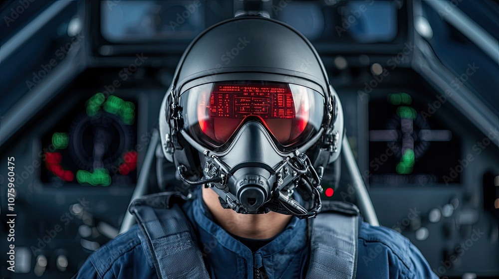 Poster pilot in advanced helmet with heads-up display inside a high-tech cockpit, featuring digital readout