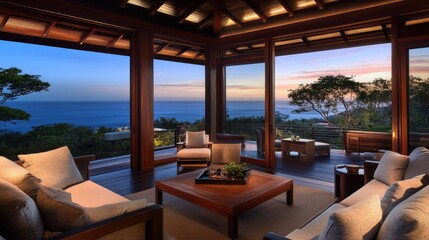 Fototapeta premium Luxurious Coastal Living Room Overlooking Serene Ocean at Dusk with Elegant Furniture and Stunning Views of Nature's Beauty