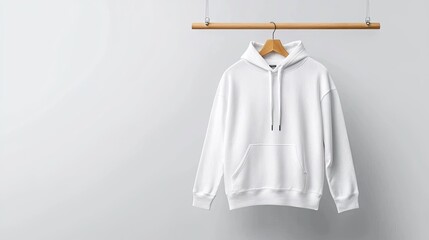 Minimalist White Hoodie Hanging on a Wooden Hanger Against a Soft Gray Background, Perfect for Fashion, Apparel, and Lifestyle Photography Projects