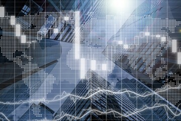 Stock market charts and buildings background.