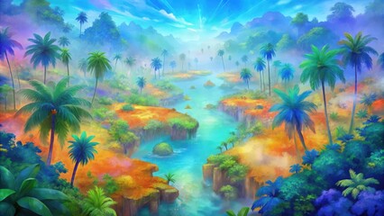 Lush Tropical Landscape with Mist and a Winding River