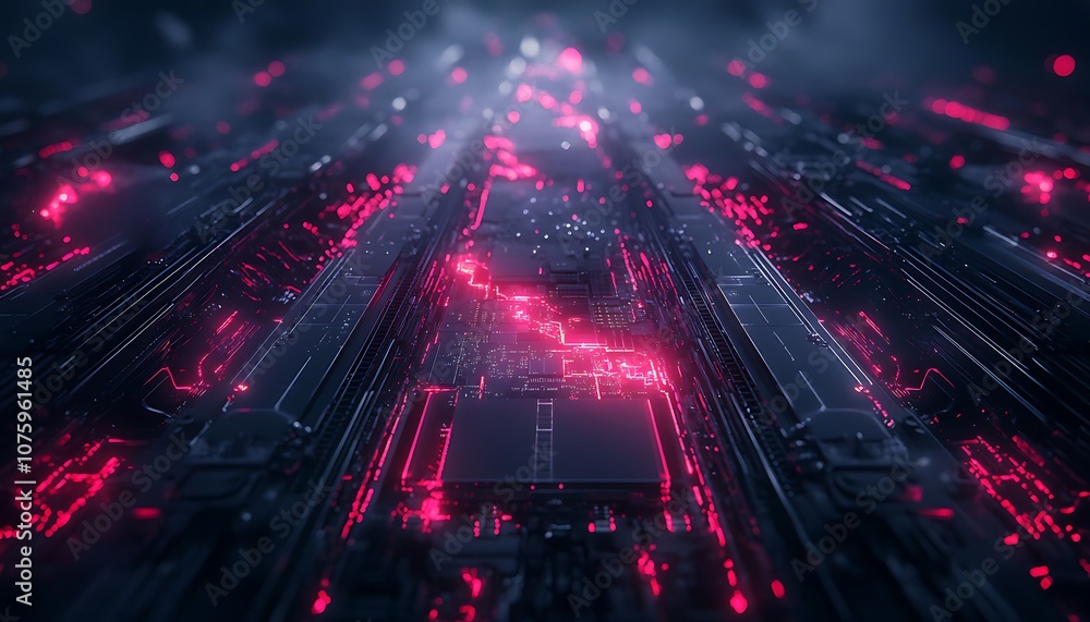 Poster a vibrant digital landscape featuring interconnected circuits and glowing neon lines, evoking a futu