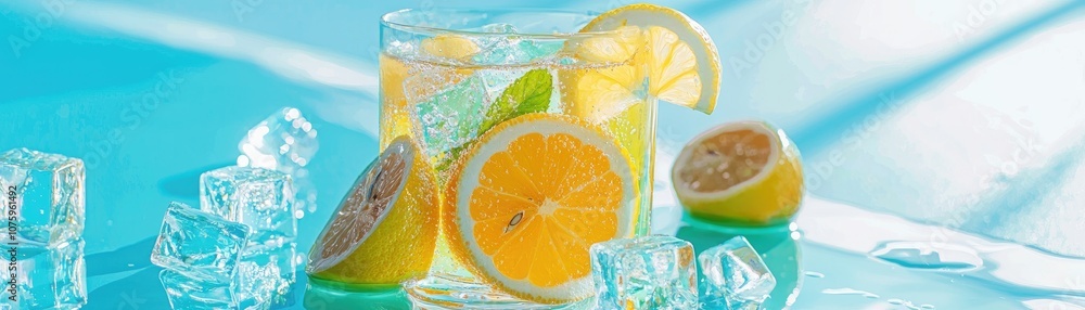 Poster Refreshing Citrus Drink with Lemon Slices and Ice Cubes on Vibrant Aqua Background Capturing the Essence of Summer in Every Sip