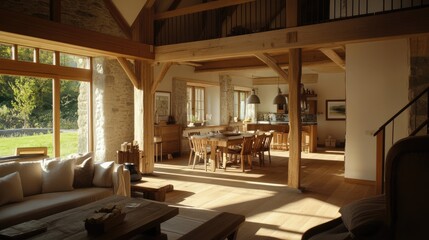 Fototapeta premium Modern Rustic Interior Design of a Cozy and Bright Open-Concept Living Space Featuring Wooden Beams, Natural Light, and Inviting Atmosphere
