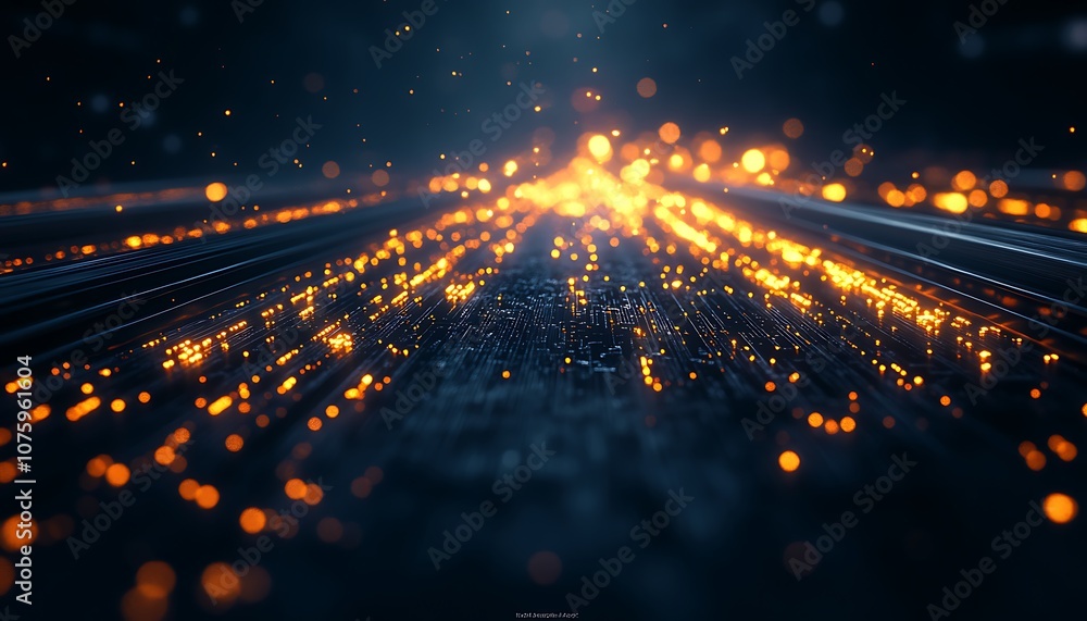 Poster A vibrant digital landscape featuring glowing particles along a path, creating an ethereal atmosphere with depth and motion.